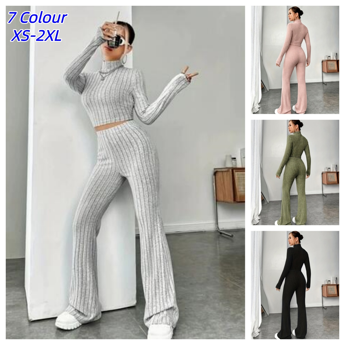 Crop Top Crochet - ชุดเซ็ตไหมพรมเข้ารูป 2 ชิ้นสำหรับผู้หญิง เสื้อครอปแขนยาวสไตล์วินเทจ กางเกงขาบาน ชุดออกกำลังกาย
