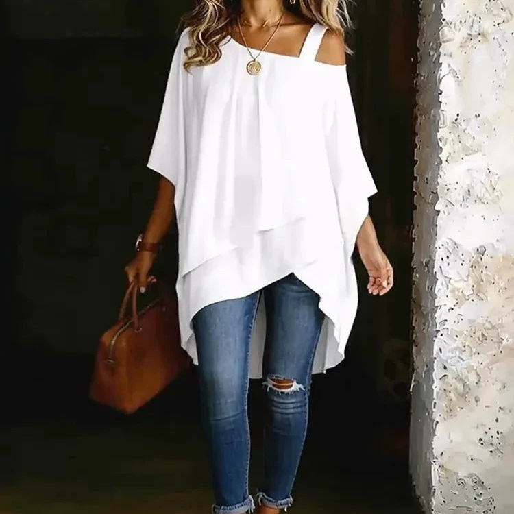 Blouse Off Shoulder - เสื้อเชิ้ตแฟชั่นผู้หญิงทรงหลวมแบบสบายๆ ไหล่ตก แขนทรงปีกค้างคาว เสื้อเปิดไหล่ข้างเดียว เสื้อคลุมฤดูร้อนสีพื้น แขนยาว