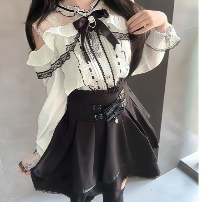 Blouse Off Shoulder - ชุดสไตล์โลลิต้า ยุค Y2K แบบกอธิคญี่ปุ่น สำหรับผู้หญิง ชุดเสื้อแขนยาวแต่งระบายลูกไม้หวานๆ