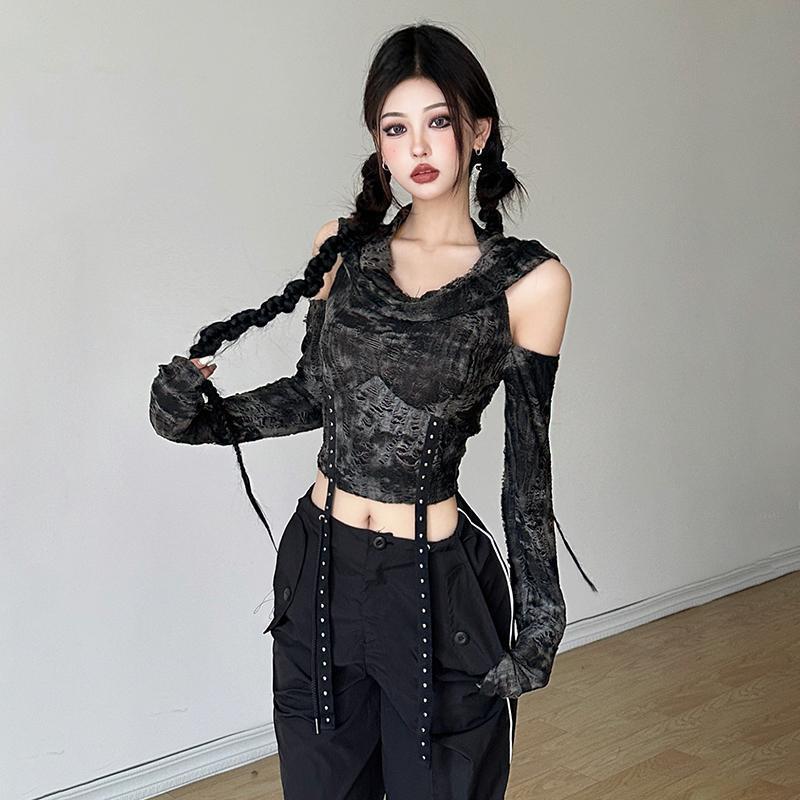 Blouse Off Shoulder - เสื้อฮู้ดเปิดไหล่แขนยาวสำหรับผู้หญิง สีดำ ทรงเข้ารูป สไตล์ลำลอง สตรีทแวร์ Y2K