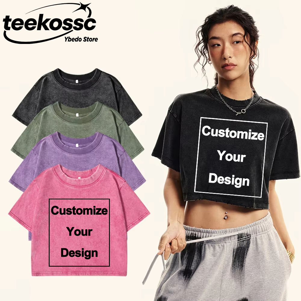 Crop Top Crochet - เสื้อยืด Y2K แบบสั่งทำพิเศษ ผ้าคอตตอนฟอกสี ทรงครอป คอกลม