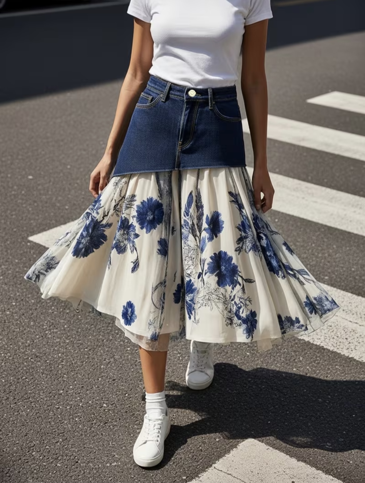 กระโปรงมิดิผ้าทูลลายดอกไม้สีฟ้ - Midi Skirt Floral บทวิจารณ์และราคา
